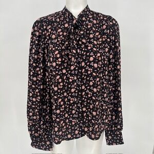 Levis Romantic Floral Tie Neck Blouse Black Pink Coottagecore Feminine Boho XL l